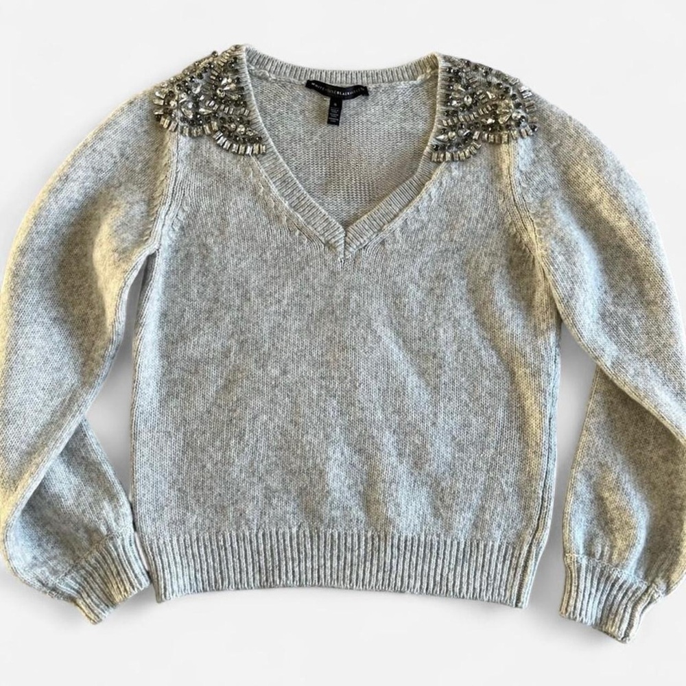 WHBM Embellished Rhinestone V-Neck Sweater Grey Sz Small